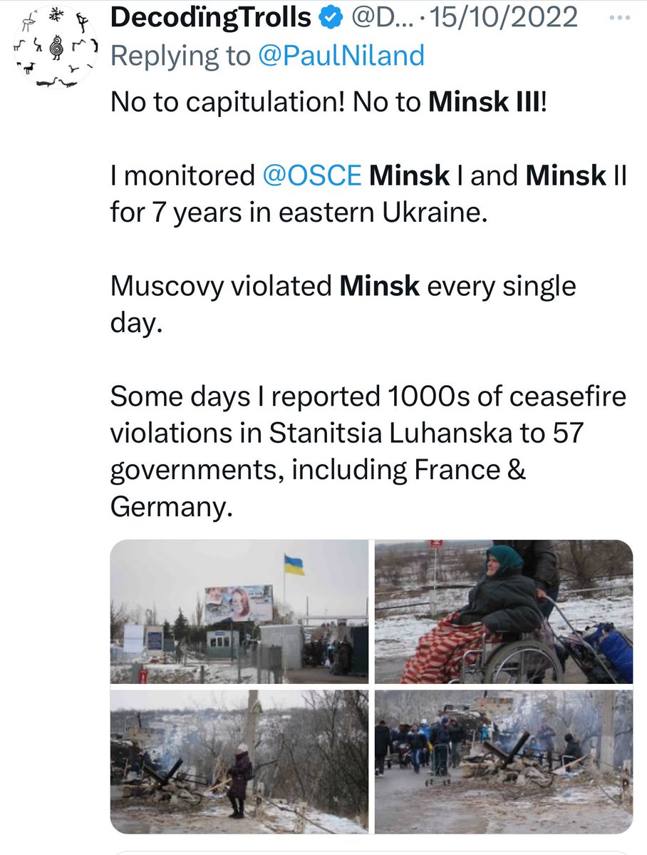 DecodingTrolls's tweet photo. ⚡️Three things about russians prevent ceasefires.

1. ruschists think Ukraine and US offering a ceasefire is Ukraine and US saying: We’re weak. russia eats weakness for dinner.

2. No matter what services Donald performs for Putler, Putler and his apparatchiks distrust Americans.  They’ll never get over this.

3. I monitored Russia’s ceasefires on the ground in Stanytsia luhansk’s eastern Ukraine for three years (2015-2018). While western capitals forgot about Ukraine, Russia broke the main Minsk ceasefires every day. 

Meanwhile, Iran turns Saudi Arabia back into desert. You see, Donald can’t even protect Saudi Arabia. Ukraine’s not gonna lay down arms and let Russia turn it into desert.