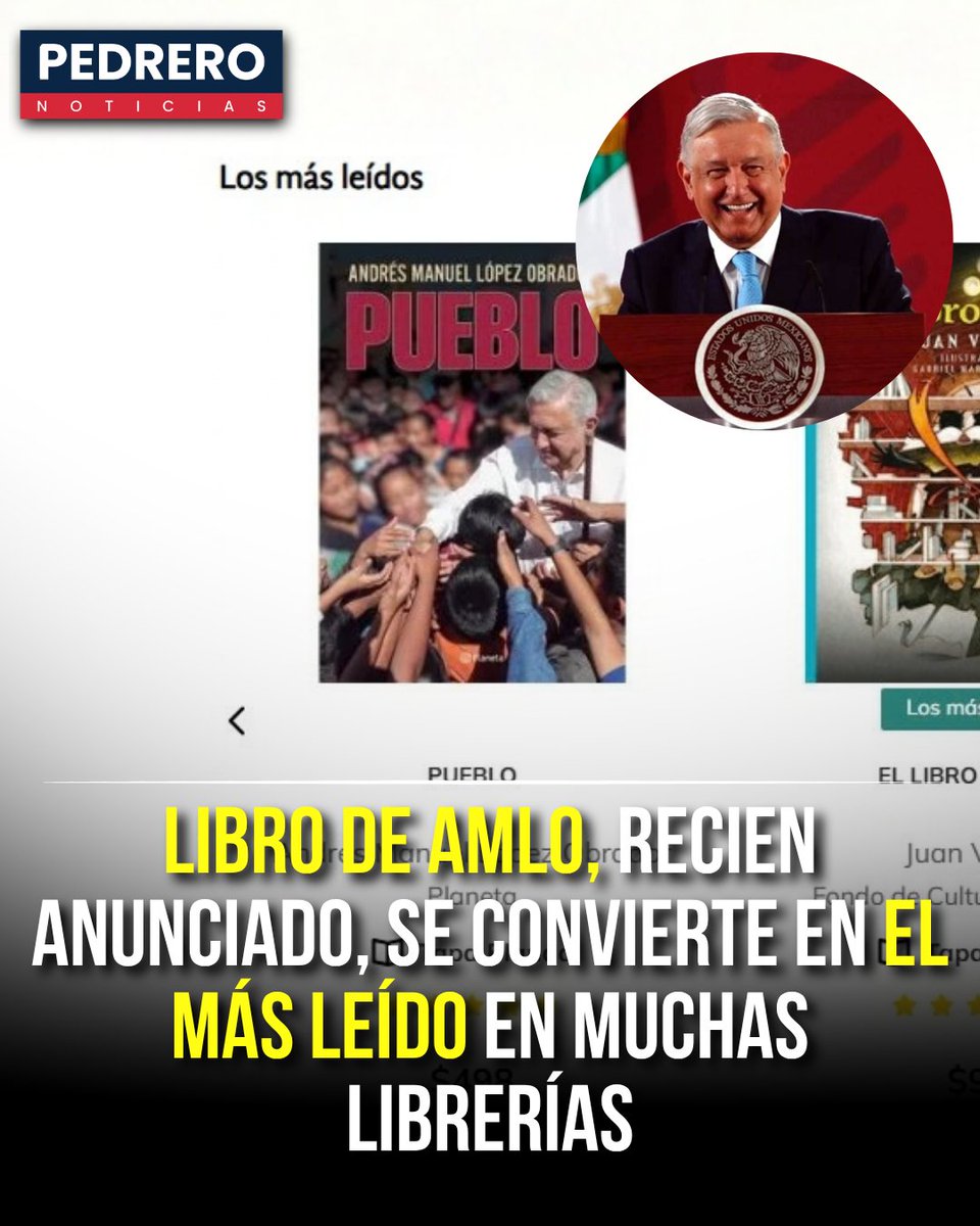 YosoyPedrero's tweet photo. 🚨OJO: LIBRO DE AMLO, RECIÉN ANUNCIADO, SE CONVIERTE EN EL MÁS LEÍDO EN MUCHAS LIBRERÍAS

El nuevo libro de Andrés Manuel López Obrador, Pueblo, ha despertado gran interés desde su anuncio, incluso antes de llegar oficialmente a las librerías. La obra aborda la historia política de México y expone la visión del expresidente sobre el proyecto de transformación que impulsó durante su gobierno.

En sus páginas, López Obrador desarrolla el concepto de Humanismo Mexicano y retoma uno de los principios centrales de la Cuarta Transformación: “por el bien de todos, primero los pobres”. El libro también incluye una revisión de distintos periodos de la historia nacional y dedica un capítulo al gobierno de Claudia Sheinbaum.

El interés por la publicación también llegó al Senado, donde el legislador del PT Alejandro González Yáñez adquirió 20 ejemplares para regalarlos a otros políticos. La obra generó conversación pública desde su presentación, confirmando que las ideas y el legado político de AMLO siguen presentes en el debate nacional.

Con Pueblo, el expresidente busca dejar por escrito su interpretación de la historia de México y los fundamentos del movimiento que llevó al poder a Morena. Más que unas memorias, presenta una defensa de la transformación polític