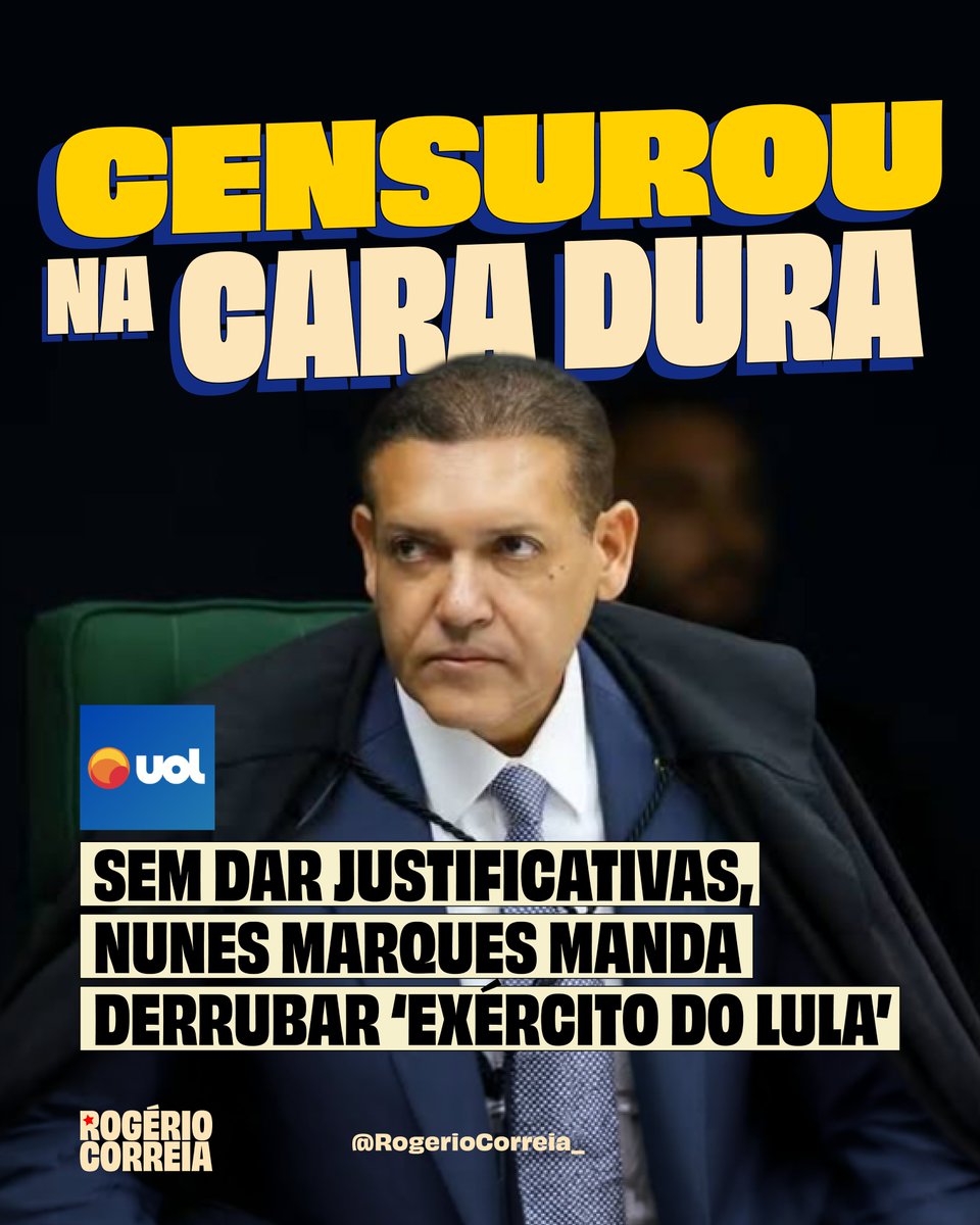 RogerioCorreia_'s tweet photo. 🚨 CENSURA: ministro Kassio Nunes Marques atende Flávio Bolsonaro e MANDA TIRAR DO AR o canal "Exército do Lula", com mais de 3 milhões de seguidores!

O TSE virou um órgão de censura bolsonarista. Querem ganhar no tapetão para que os envolvidos do escândalo Master saiam impune, né, Kassio?