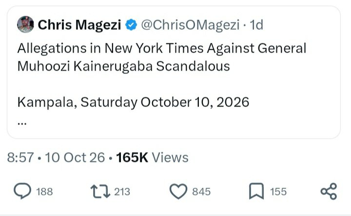 uk_nup's tweet photo. Colonel Chris Magezi, acting Director of Defence Public Information, and acting spokesperson of the Uganda People's Defence Forces (UPDF) @MODVA_UPDF 
is ramping up paranoia over a New York Times @nytimes' article by 
Megan K. Stack @Megankstack critical of "General" Muhoozi Kainerugaba's reign of terror  in Uganda. 

While Colonel Magezi @ChrisOMagezi is defending dictator @KagutaMuseveni's son and Uganda's military chief
 @mkainerugaba against the New York Times' article, he was conveniently silent when "General" Muhoozi Kainerugaba ordered the shutdown of Uganda's leading media outlets, Uganda's NTV @ntvuganda and Daily Monitor @DailyMonitor.

Colonel Magezi's cheap propaganda directed at international media critical of the Ugandan dictatorship of Yoweri Museveni, and half-baked attempts at shielding "General" Muhoozi Kainerugaba from international accountability is futile from the outset and, "General" Muhoozi belongs to the International Criminal Court for crimes against humanity.

@IntlCrimCourt @GovUganda @UN @StateDept @UNHumanRights @AsstSecStateAF @SenateForeign @STATEDEPTSPOX @VOANEWS @washingtonpost @WSJ
