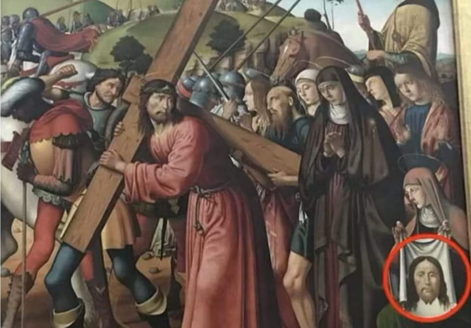 Dio's tweet photo. Biagio D'Antonio, "Via Crucis", 1480 circa.
Particolare della donna devota che sta già preparando santini e t-shirt per la vendita. https://t.co/jdct9mTpPH
