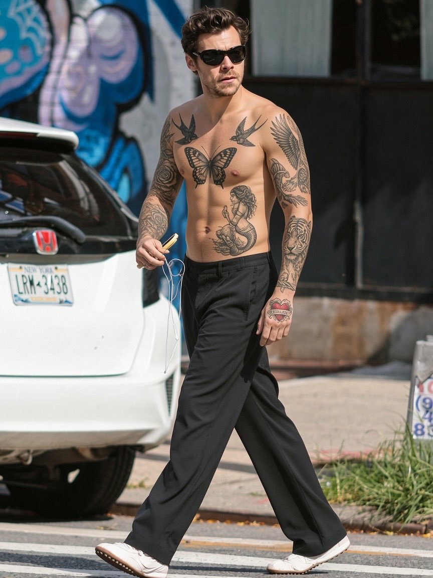 LegendZuko51546's tweet photo. Shirtless Harry Styles walking the streets of NYC . https://t.co/w1zTjCn11k