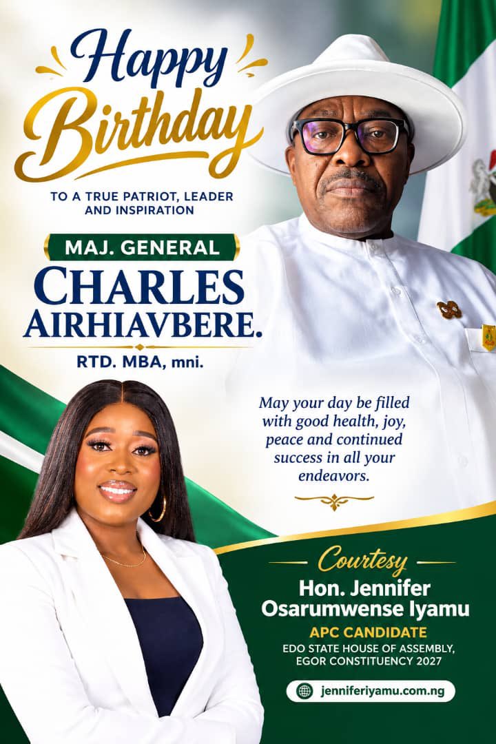 iyamu_o's tweet photo. 🎉 HAPPY BIRTHDAY TO MAJ. GENERAL CHARLES AIRHIAVBERE (RTD.), MBA, mni! 🎂
Happy Birthday, Sir! Wishing you many more years of grace, greatness, and prosperity.l
Hon. Jennifer Osarumwense Iyamu
APC Candidate, Edo State House of Assembly
Egor Constituency 2027

#HappyBirthday https://t.co/dwStjd1dHy