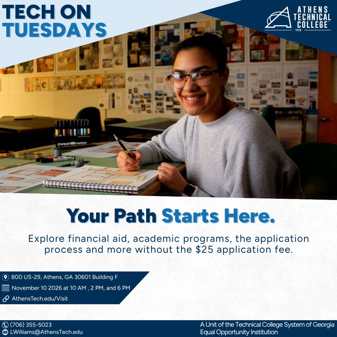 AthensTechGA's tweet photo. Do you want to waive the $25 application fee? Visit us at Tech on Tuesday! Our next session will be on November 10 in Athens. To register, visit https://t.co/wCbysAAtBY https://t.co/lhLHB9vTt5
