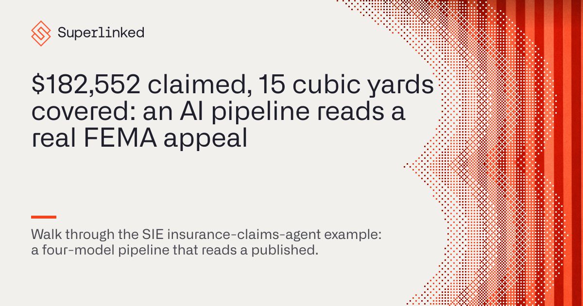 superlinked's tweet photo. Can AI read an insurance policy well enough to separate covered costs from excluded ones?

FEMA published a real appeal decision, so we could actually test it. The claim: $182,552 after a Lake Ontario flood. The barge quote alone: $181,832.94. What the policy covered: removing 12 to 15 cubic yards of stone from beneath the building. Not the barge, not the handling, not the disposal.

Four chained models do the reading (parse, extract, rerank, generate) and the output lands where FEMA landed, checkable line by line against the published decision.

It doesn't approve or deny anything. It turns a document pile into organized evidence so the adjuster starts from analysis instead of reading. That's the version of claims AI worth building right now.

Compare it against FEMA's decision yourself: https://t.co/HJDNVq9s5d