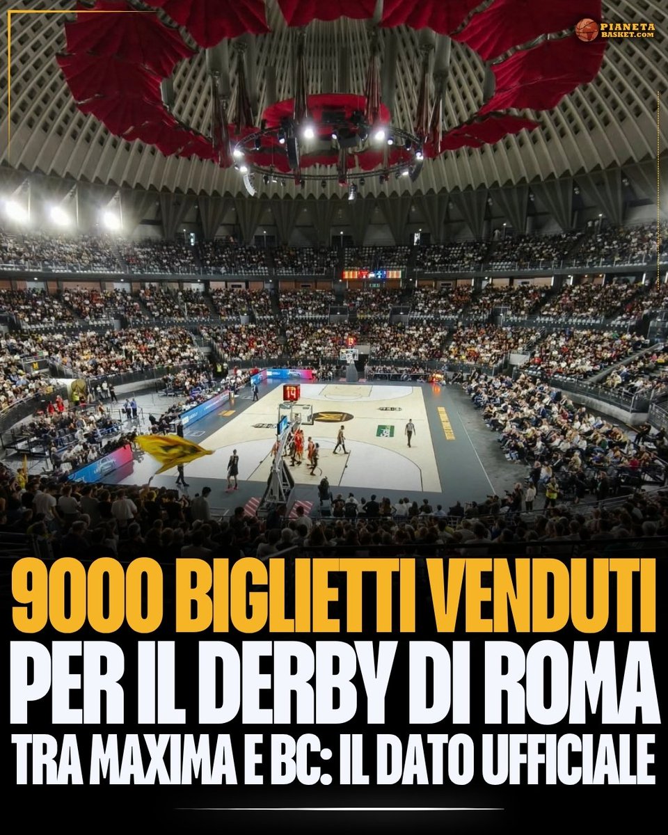 PianetaBasketIT's tweet photo. ⏳ OLTRE 9000 BIGLIETTI
Maxima Roma vs BC Roma, pubblico delle grandi occasioni per il primo derby tra i due club capitolini. 

Come annunciato dalla Maxima, sono oltre 9000 i biglietti venduti per la partita, valida per la 3a giornata di LegaBasket Serie A. https://t.co/NX3qWq5AE2