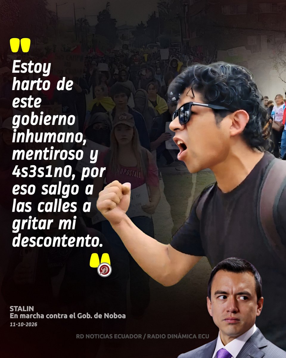 RadioDinamicaE's tweet photo. El hartazgo. Stalin tiene tres trabajos y, aun así, lo que gana no le alcanza para llegar a fin de mes. Ayer sábado 10 de octubre  de 2026, salió a las calles de Quito a expresar su descontento con las políticas del gobierno de Daniel Noboa.

https://t.co/ElmrAtncXe https://t.co/bnTlb8I3YC