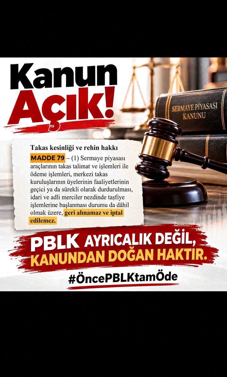 trader_ragnar1's tweet photo. TAKAS KESİNLİĞİ VE İŞLEM GÜVENLİĞİ (SPKn m.79; SPK 2026/61, A/6):

16 Eylül 13:30 öncesinde usulüne uygun çıkış emri TEFAS’a iletilen, payları PBLK’da izlenen ve iade tutarı A/6 kapsamında fon borcu olarak tahakkuk ettirilen hak sahiplerinin nakit alacaklarının ve ödeme önceliğinin korunması hukuki bir zorunluluktur. Bu öncelik, avans veya ara ödeme modeli gerekçe gösterilerek etkisizleştirilemez.

Nitekim Anayasa’nın 35. maddesiyle güvence altına alınan mülkiyet hakkı ve hukuken korunan meşru beklenti, keyfi veya ölçüsüz idari tasarruflarla zedelenemez; doğmuş bir alacağın tahsili hukuki dayanaktan yoksun barajlarla veya keyfi takvimlerle geriye bırakılamaz.

#ÖncePBLKtamÖde