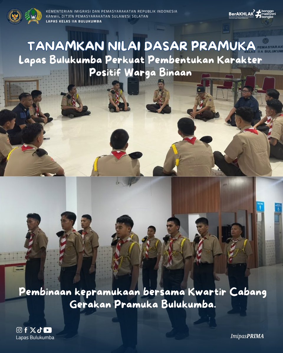 lpbulukumba's tweet photo. Melalui pembinaan kepramukaan, Lapas Bulukumba menanamkan nilai Tri Satya dan Dasa Darma untuk membentuk warga binaan yang disiplin, mandiri, bertanggung jawab, dan siap menjadi pribadi yang lebih baik. ๐๏ธ
#LapasBulukumba #Pemasyarakatan #Pramuka #PembinaanWargaBinaan #Imipas https://t.co/to7cvlepBK