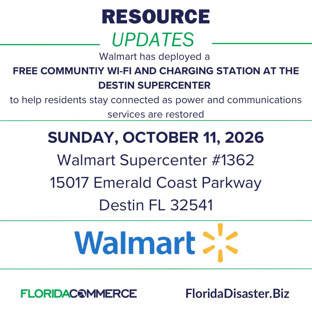 FLACommerce's tweet photo. .@Walmart has deployed a FREE community Wi-Fi and phone charging station at the Destin Supercenter to help residents stay connected as power and communication services are restored.  📍 Walmart Supercenter #1362 15017 Emerald Coast Pkwy Destin, FL 32541
ℹ️ Available Sunday, October 11, 2026