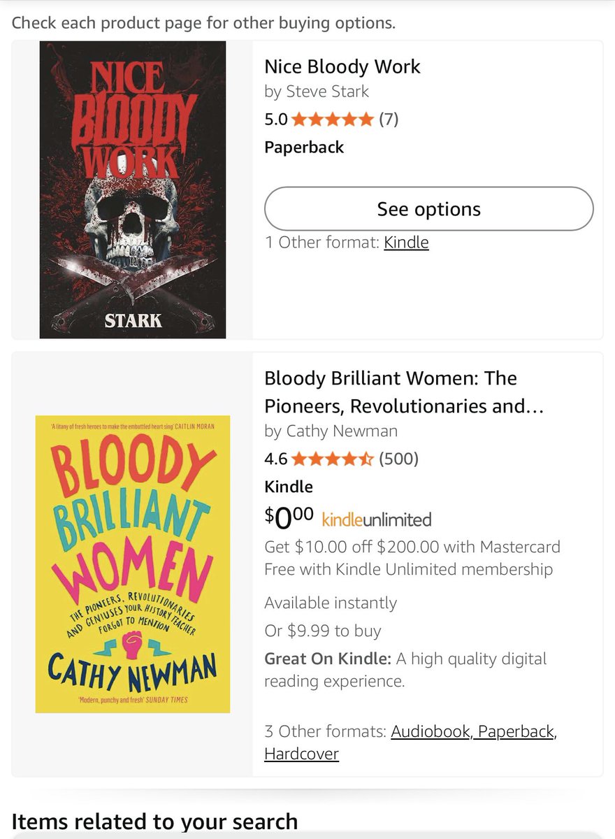 starkterror88's tweet photo. So what you’re saying is my feminist masterpiece belongs BELOW this male-authored horror filth and that the work of an Oxford-educated journalist is lesser than that of an uneducated ex-bouncer.

Nope. I’m just saying if you type Nice Bloody Work into the search bar… https://t.co/xRG4WkIpRn