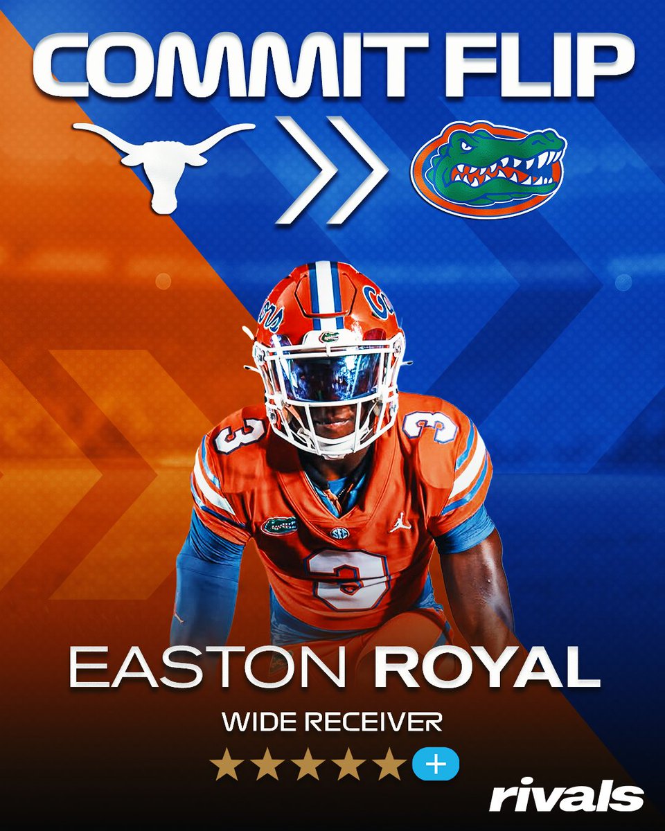 Rivals's tweet photo. 🚨BREAKING🚨 Five-Star Plus+ WR Easton Royal has flipped his commitment from Texas to Florida, @Hayesfawcett3 reports🐊

Read: https://t.co/CtoIfZKhJJ https://t.co/Iv2mT4TdGt