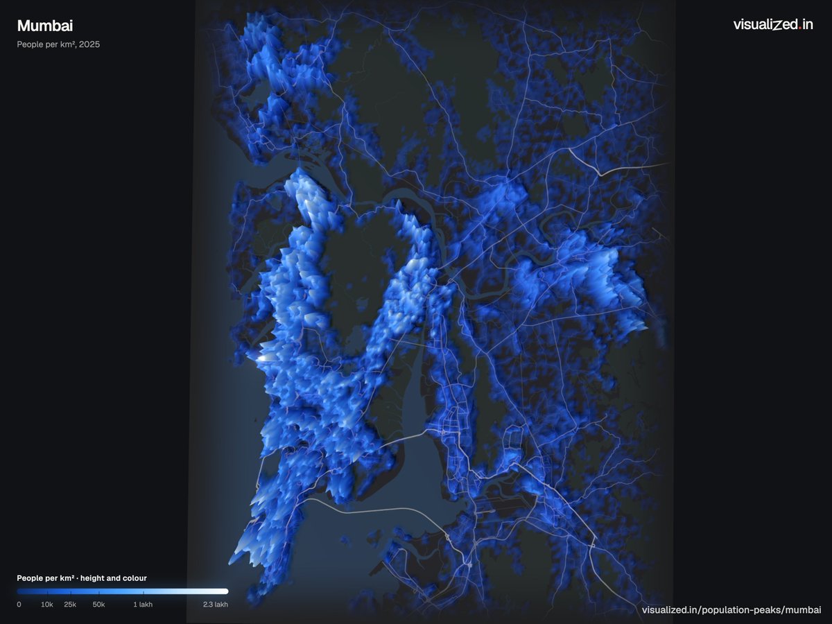 visualizedin's tweet photo. Population density visualization of Mumbai city. https://t.co/hZ8KBTAaDa