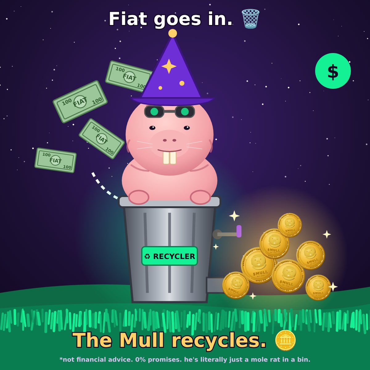 MULLCOIN's tweet photo. Fiat goes in. 🗑️
The Mull recycles. 🪙

Ancient mole rat alchemy.
(Results not guaranteed. He's just a rat in a bin.) 🐀 https://t.co/m6UcQ70gMk