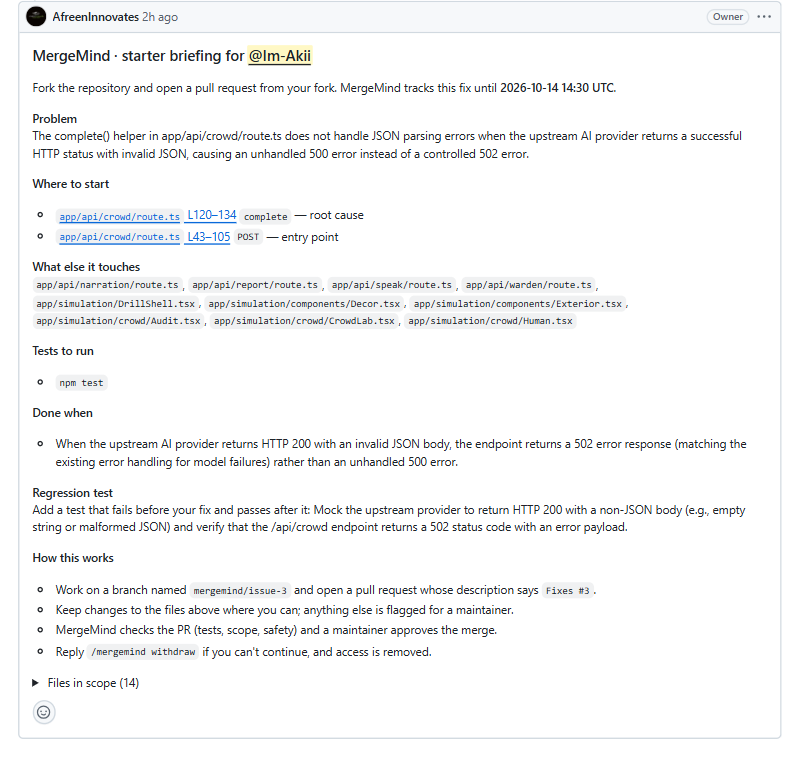 AkshayRsnrp's tweet photo. So much fun building MergeMind for #neatHack🛠️ with @abhishiv17 @007_afreen 

Open an issue → it finds the bug, guides the contributor's fix, checks the PR, merges on a maintainer's yes.

Plot twist: it caught a bug in its own leak guard 😅

@neatlogs @entirehq @arithecfo https://t.co/5z7AyeD6yi