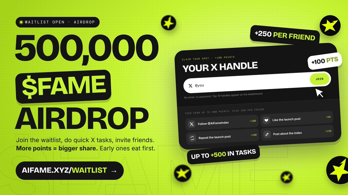 AIFameIndex's tweet photo. $fame airdrop is live ★

500,000 $fame for the early ones

join the waitlist 👉 https://t.co/ul8f0JMwqb

more points = bigger airdrop https://t.co/CFR3aUW7Vl