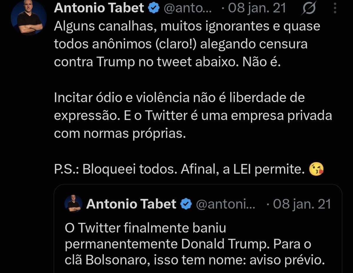 FelipeTadewald's tweet photo. Só é censura quando é contra meu político de estimação.

Quando é contra quem eu odeio é combate ao ódio e punição a crimes.

O cinismo dessa turma é infinito. https://t.co/7ieah0kWON