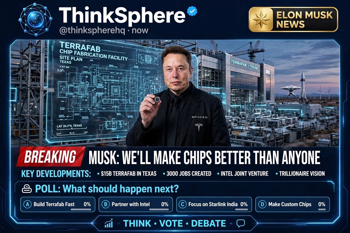 thinkspherehq's tweet photo. BREAKING: Musk: We'll Make Chips Better Than Anyone 🚀

$15B Terrafab in Texas, 3000 jobs, Intel JV.

A) Build Terrafab Fast
B) Partner with Intel
C) Focus on Starlink India
D) Make Custom Chips

Vote A/B/C/D 👇

#ElonMusk #Terrafab #Tesla #SpaceX #ThinkSphere https://t.co/d1IlPPT8tD