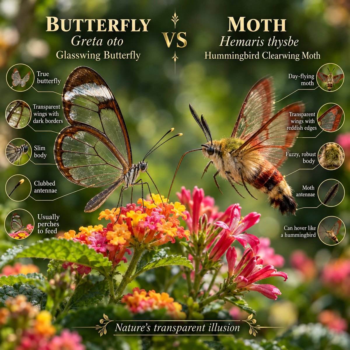 Naturetofly's tweet photo. Butterfly vs Moth ✨
At first glance, Greta oto and Hemaris thysbe seem almost alike: both have transparent wings and a graceful, airy look. But one is a true butterfly with a slim body and clubbed antennae, while the other is a day-flying moth with a fuzzy body. https://t.co/ZIJFE44K1F