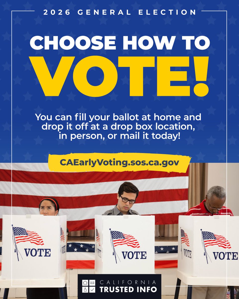 CASOSVote's tweet photo. CA voters: You have options for returning your ballot! Drop it off at a secure drop box location, in person, or mail it today! If you choose to mail your ballot, we recommend mailing it back as soon as possible after you receive it, or at least 7 days before Election Day… (1/2) https://t.co/3cs2NwT6gs