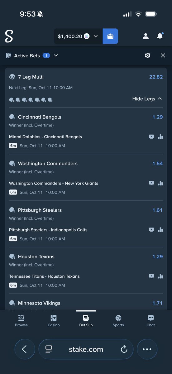 nick_clevland's tweet photo. Week 5 of betting every 1pm NFL game until I smack! 

$175>$4,000 

I’m bound to hit eventually, right? 

$500 giveaway if we hit today! RT and comment stake ID to enter! https://t.co/10wEGSnwrH