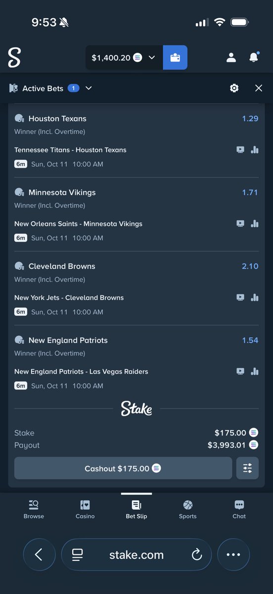 nick_clevland's tweet photo. Week 5 of betting every 1pm NFL game until I smack! 

$175>$4,000 

I’m bound to hit eventually, right? 

$500 giveaway if we hit today! RT and comment stake ID to enter! https://t.co/10wEGSnwrH