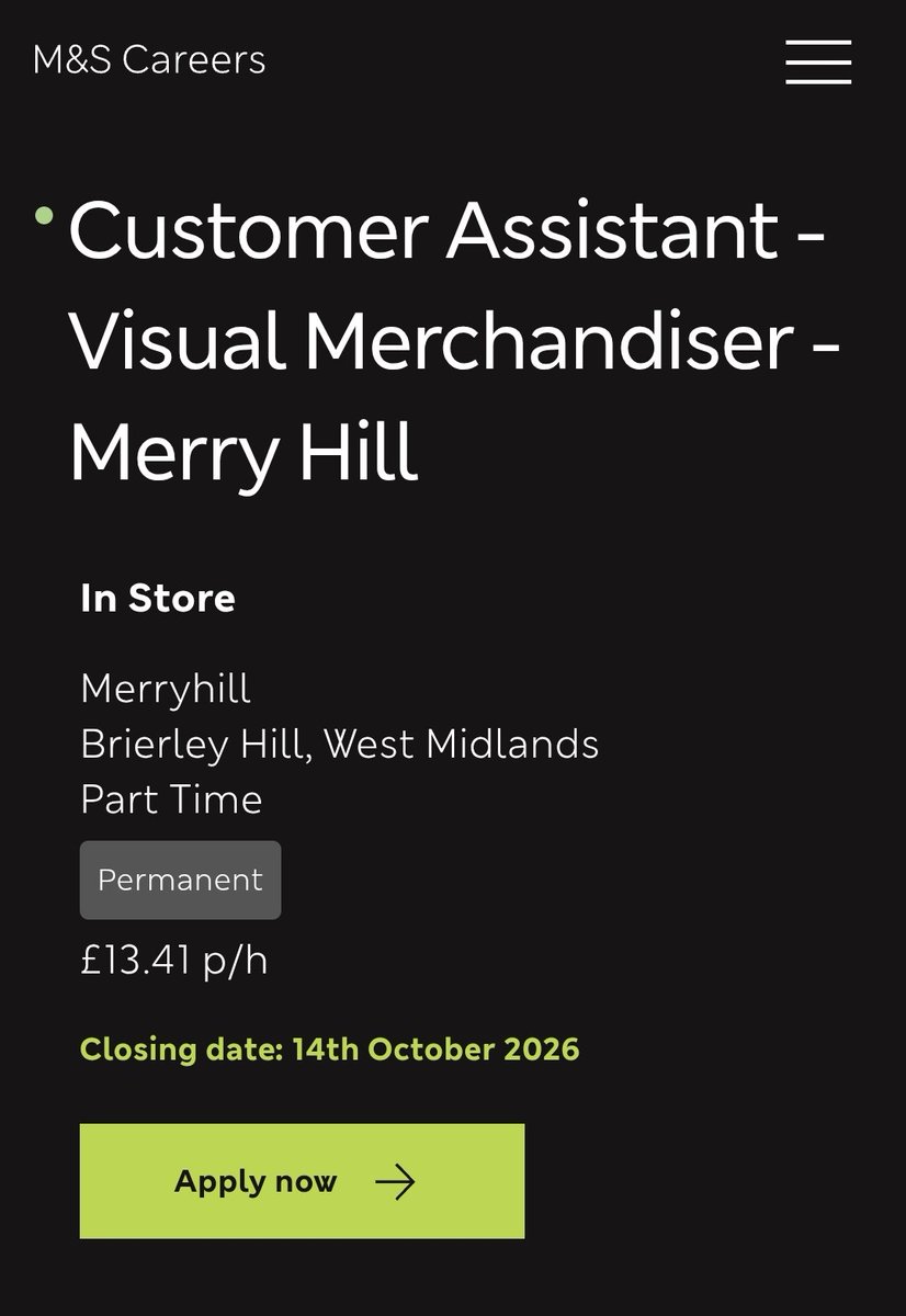 mrTJ_ok's tweet photo. JUST IN: UK REMOTE JOB OPPORTUNITY  NOW🇬🇧‼️

If you're based in UK and interested in working as a Customer Assistant - Visual Merchandiser, Apply immediately with Marks & Spencer. 

Closing Date: 14th October 2026.

🌎100% REMOTE — WORK FROM ANYWHERE!

◆ Position: Customer Assistant - Visual Merchandiser
◆ Job Type: Part-Time/Permanent 
◆ Salary: £13.41 per hour
◆ Location: Brierley Hill
◆Employer: Marks & Spencer

Note: UK-based applicants only

If you’re interested in this Job, check and apply now⤵️

🔗https://t.co/CmLZq5jICP

Share with others or RT for others