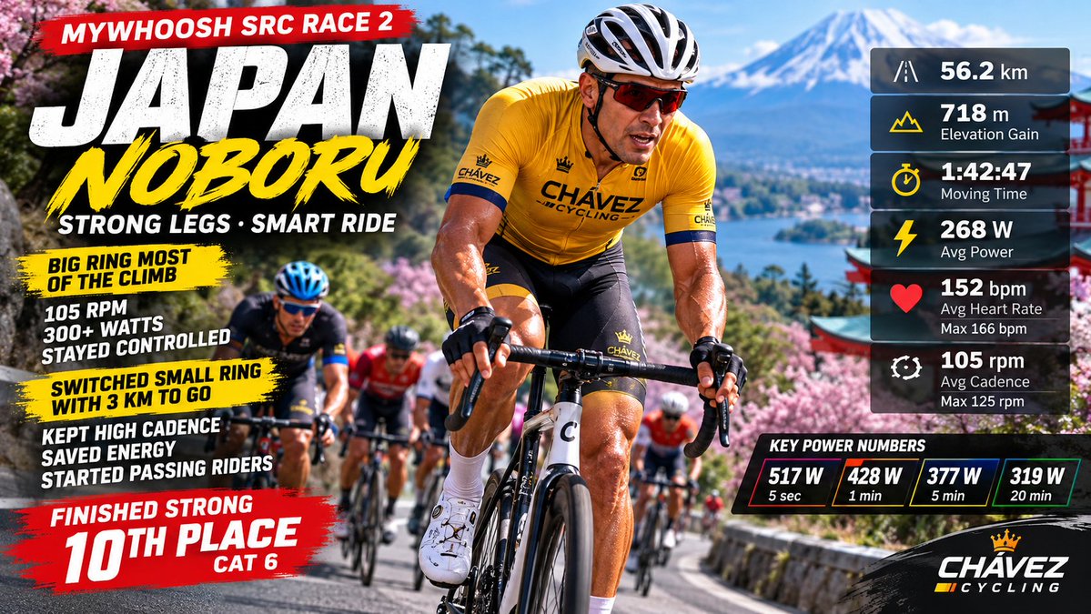 chavezcycling's tweet photo. MyWhoosh SRC Race 2 Japan Noboru
Today at Chávez Cycling, we raced 56.2 km through Japan Noboru, tackling 718 meters of elevation gain while putting our high-cadence climbing strategy to the test.
https://t.co/hJHLQefoJs
#MyWhoosh #IndoorCycling #ChavezCycling https://t.co/3xcE51XPLm