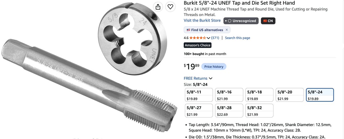 wnypoker's tweet photo. Couple of requests for which thread adapter to buy for 3d printed suppressors.   

It depends on which design, so read their PDF/readme

so... Generally for direct thread designs you will need one of these:

Thread Adapter 1/2”-28 to 5/8”-24
https://t.co/FwJVNDQiB5

or a 
1/2-28 Female to 3/4-16 Male Thread Adapter
https://t.co/z6iCzm846A

Also get yourself one each of these

https://t.co/pgWz3J7Ybo
Fractional Plug Tap, 3/4-16 NF
and a
5/8"-24 UNEF Tap and Die Set Right Hand
https://t.co/vf5Oeri91N

You can "clean up" the threads on your printed can with these taps.   If you are going to do it, put some effort into quality control.  heh....