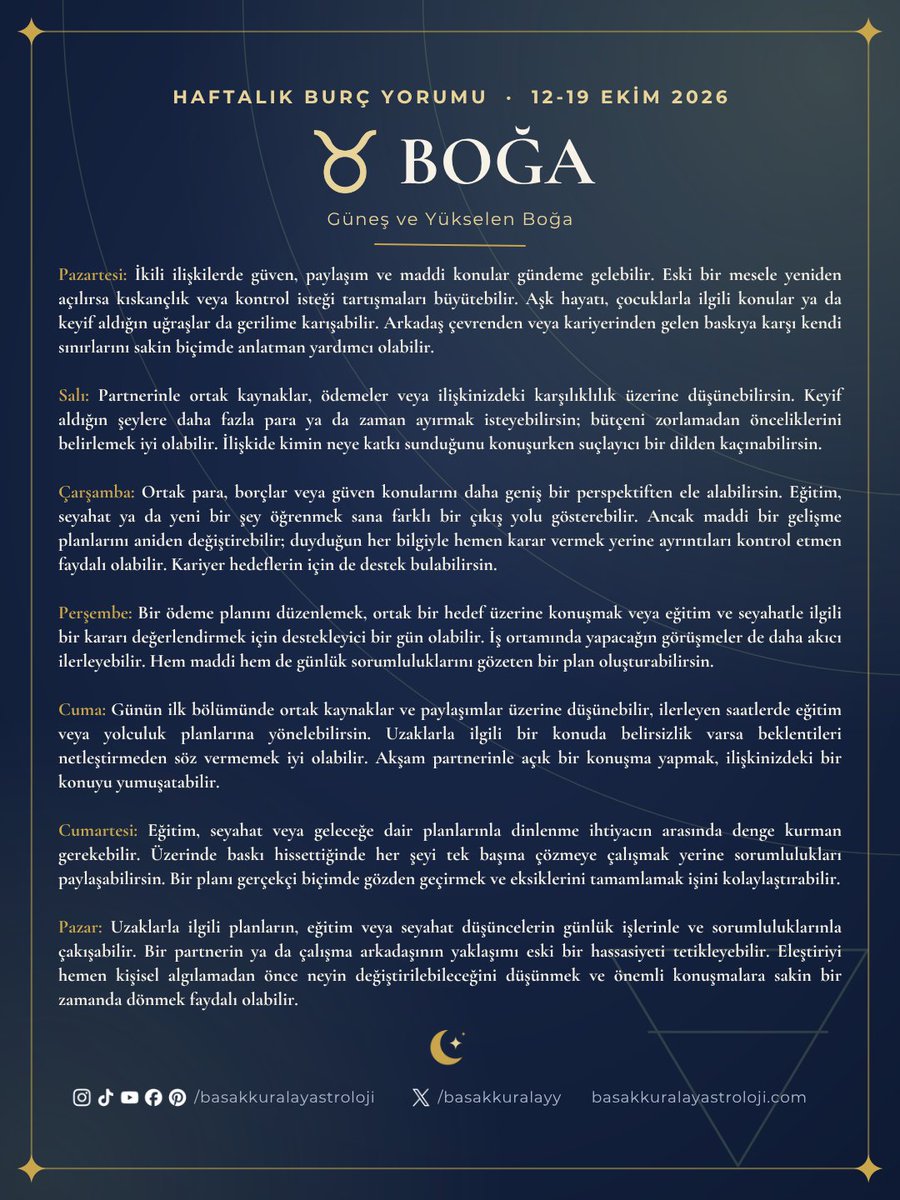 basakkuralayy's tweet photo. 12-19 Ekim Haftalık Burç Yorumları 🌙

Bu hafta 12 burç için gökyüzünde neler var? Kaydırarak burcunu bul, gün gün notlarını oku ✨

Burcunu ve en çok hangi günü merak ettiğini yorumlara yaz.

Astroloji kişisel farkındalık amaçlı bir yorum alanıdır; tıbbi, psikolojik, hukuki veya finansal tavsiye yerine geçmez.

#astroloji #haftalıkburçyorumları #burçyorumları #gökyüzü #başakkuralayastroloji