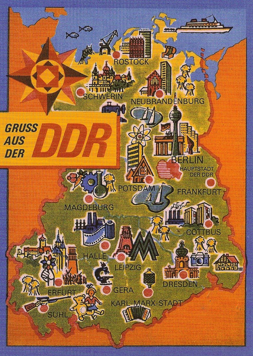 GDRvisuals's tweet photo. "Greetings from the GDR", pictorial map, 1980s. https://t.co/Njf3n9DJ32