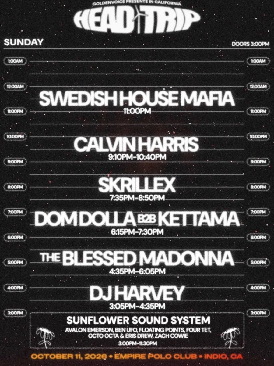 GlobalDanceGDE's tweet photo. 🚨BREAKING - @CalvinHarris IS HERE TO STAY. He will be performing before Swedish House Mafia for one hell of a stacked Sunday lineup.

HEAD TRIP has announced today's updated set times. See YOU guys for Day 2 in a few short hours https://t.co/16Wt8Nr3MC