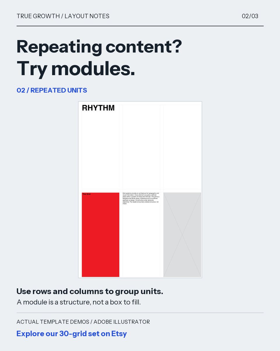 truegrowth777's tweet photo. Choose the grid after the content. 👀

Flowing copy → columns.
Repeated units → modules.
One image leads → try asymmetry.

Starting points, not fixed rules. Test with real content.

Our 30 Illustrator grids:
https://t.co/IULBj3Vn75

#LayoutDesign https://t.co/uYIgpxZuTv