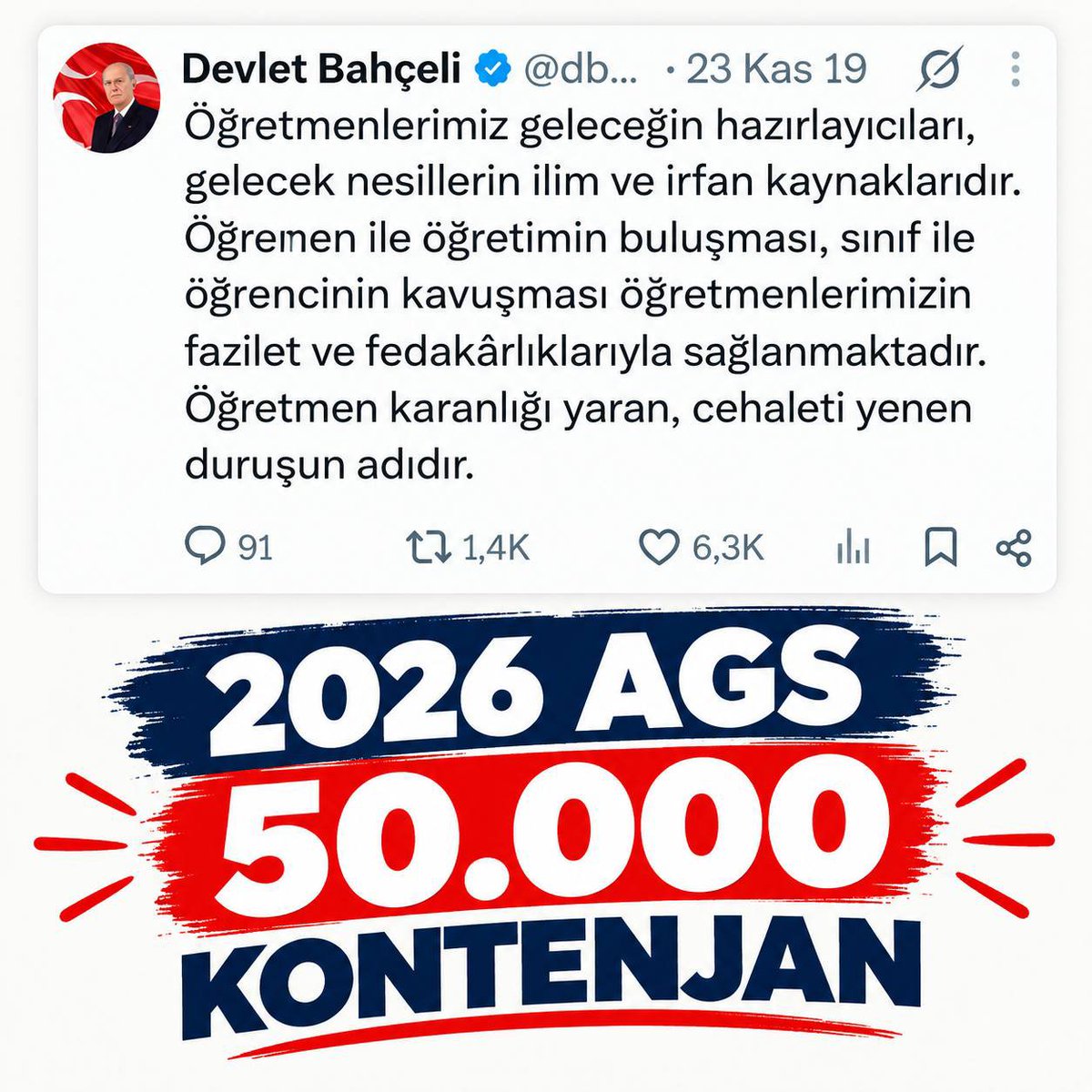 Cansuttn1e's tweet photo. Atama bekleyen öğretmenlerimizin emeklerinin karşılık bulması adalet gereğidir Sn. DEVLET BEY. 2026 AGS ile adil branş dağılımlı 50 bin kontenjan arz etmekteyiz. @dbdevletbahceli @PrfDrFilizKilic #TürkmenbeyiAgs50Bin https://t.co/N6y8B8mtbs