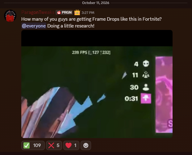 KutaTweaks's tweet photo. 🚨Fortnite FPS Drops 🚨

📉We polled our Discord community, Tweaked and Untweaked players alike, and 90% say they’re getting HEAVY frame drops in Fortnite right now

🫵Comment Specs + If you have this Issue

Like❤️+RT♻️