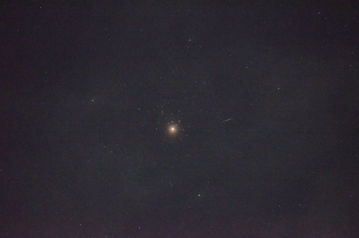 starry_train_N's tweet photo. 火星とプレセぺ星団ランデブー

2026年10月12日  4時42分（1.6秒）
Nikon D7000  ISO H0.7(ISO 10000相当)
AF-S NIKKOR 55-200 f4.5-5.6 ED（155mm F5開放）

昨日の撮影よりも画角を広げ
かに座の甲羅部分も入れています。

薄雲が広がる空でしたが、無事に撮影できました。
運良く？ 人工衛星が割り込んで来てくれました。