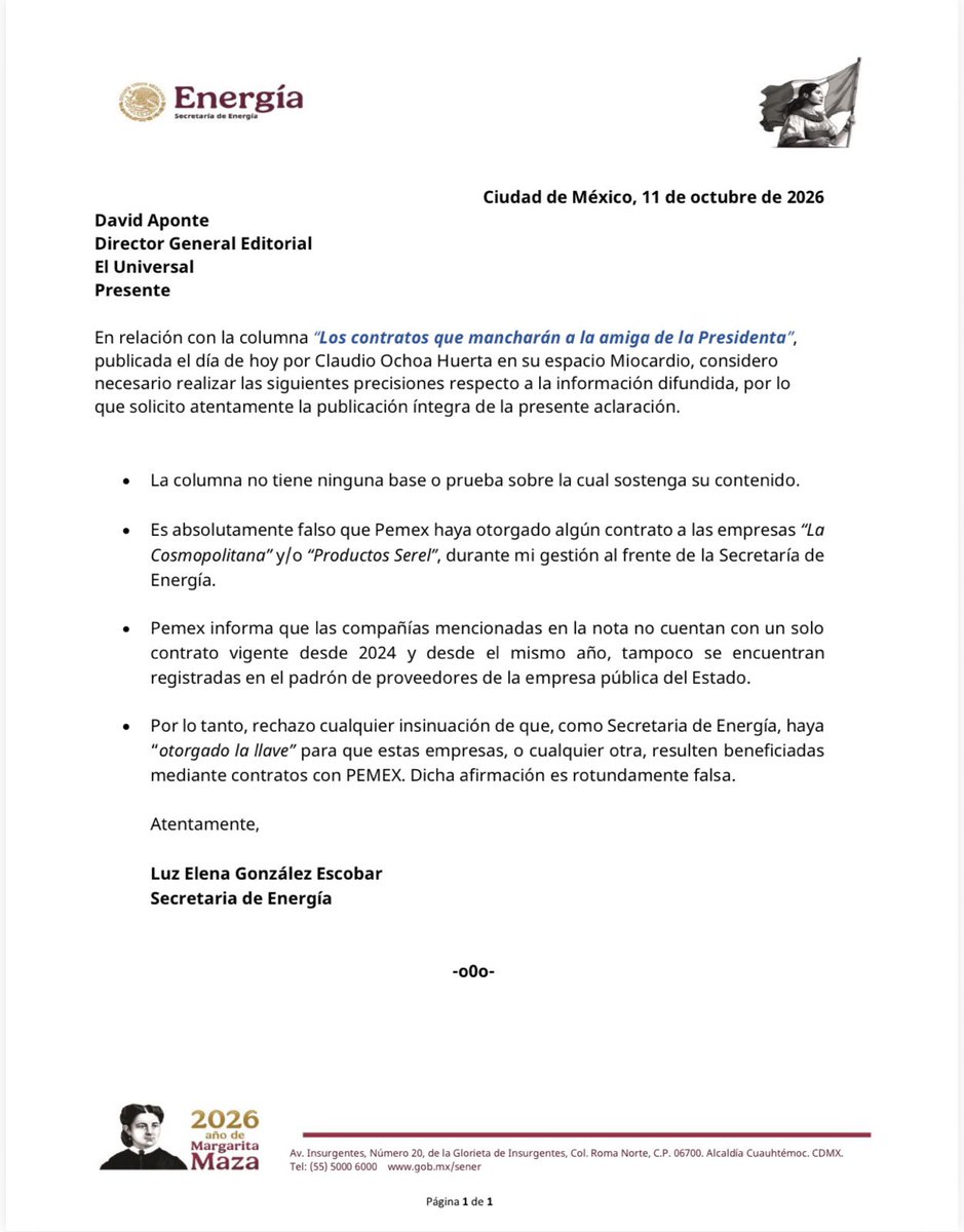 LuzElena_GE's tweet photo. En relación con la columna “Los contratos que mancharán a la amiga de la Presidenta”, publicada hoy por Claudio Ochoa Huerta en El Universal, considero necesario aclarar algunas afirmaciones falsas.

Comparto las siguientes precisiones para conocimiento del pueblo de México. https://t.co/L6B6dmP5wN