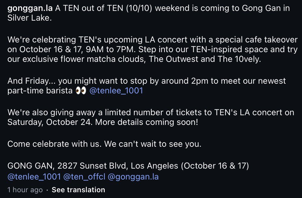 tenlee_team's tweet photo. https://t.co/B2fZn26CT0's Instagram update about TEN 

Ten going to be a part-time barista on October 16 at Gong Gan in Silver Lake, LA!
เตนล์จะมาเป็นบาริสต้าพาร์ทไทม์ที่ร้าน Gong Gan ค่ะ!

🐱https://t.co/sdg7Aer46h

#TEN #เตนล์ #李永钦 #텐 #テン #TENLEE @TEN_offcl https://t.co/s4CIeRzVY1