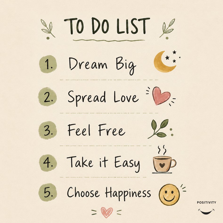 PositivitySaid's tweet photo. The best to-do list is the one that leaves room for your heart.

Not every task has to be about productivity or proving something. Some days the most meaningful things are to dream a little, love a little, and let yourself breathe. Start with these five gentle reminders, and let the rest of the day fall softly into place.