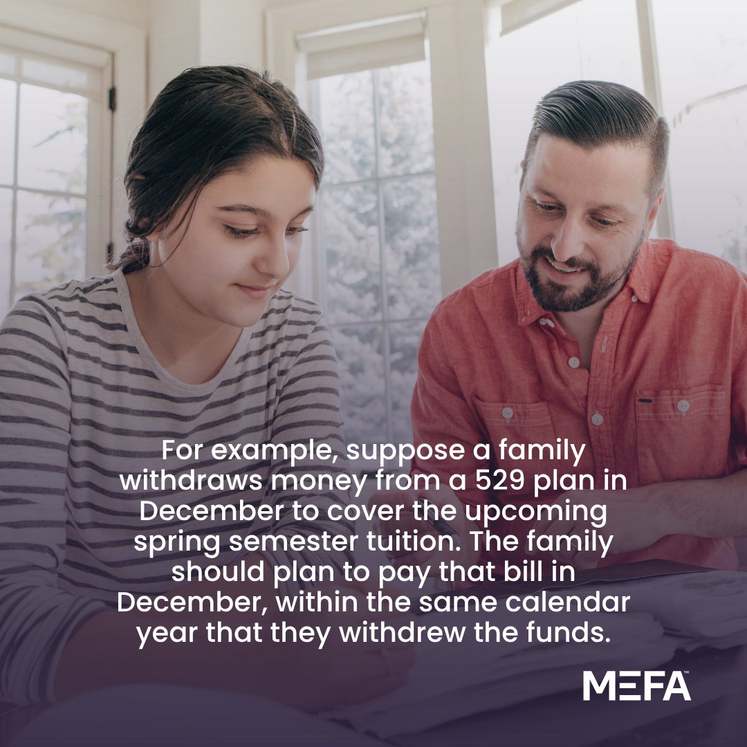 MEFAtweets's tweet photo. Did you know that timing matters when withdrawing from a 529 plan? Withdrawals should be taken in the same calendar year when you actually pay college costs. This keeps your withdrawal from being taxed. Learn more at https://t.co/a7iTf6M8L0 https://t.co/B1bt1gGMgW