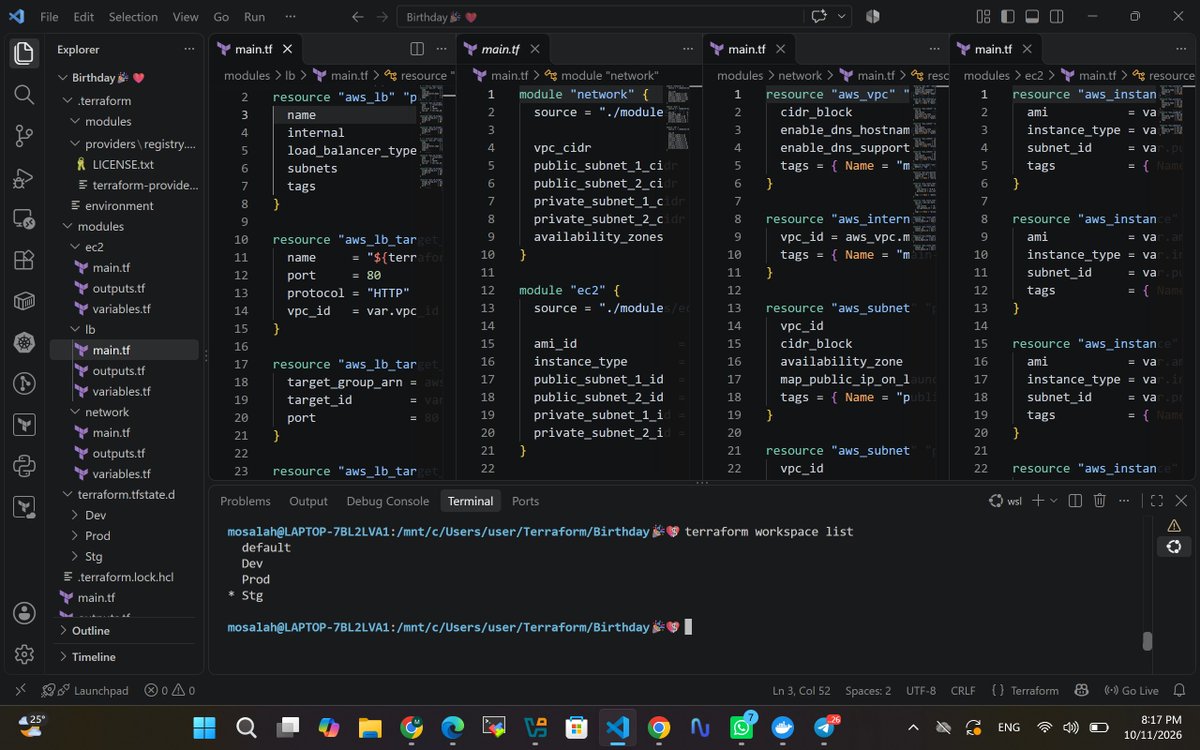 CSEm0m0's tweet photo. 👈🏻بوست عيد ميلادي 🎉❤️
اتعاملت مع ال modules في ال terraform عملت 3 
network, ec2, lb (load balancer)
وكمان كريت 3(workspaces)
Dev, Prod, Stg 
تقدر تدخل علي اي workspace وتعمل apply 
عرضت ال output علي floci UI ك simulation ل AWS https://t.co/Ai0m3n2Unn