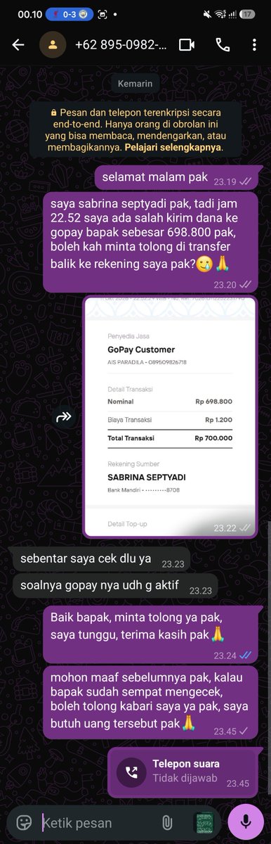 ciaseeds69's tweet photo. 🚨 MOHON BANTUAN BUAT UP!

aku salah transfer uang sebesar Rp698.800 ke akun GoPay seseorang pada 11 oktober 2026 pukul 22.52. aku udah menghubungi orangnya baik baik untuk meminta pengembalian dana, tapi setelah bilang mau mengecek, nomor WhatsApp aku justru diblokir https://t.co/JjCejHHOOa