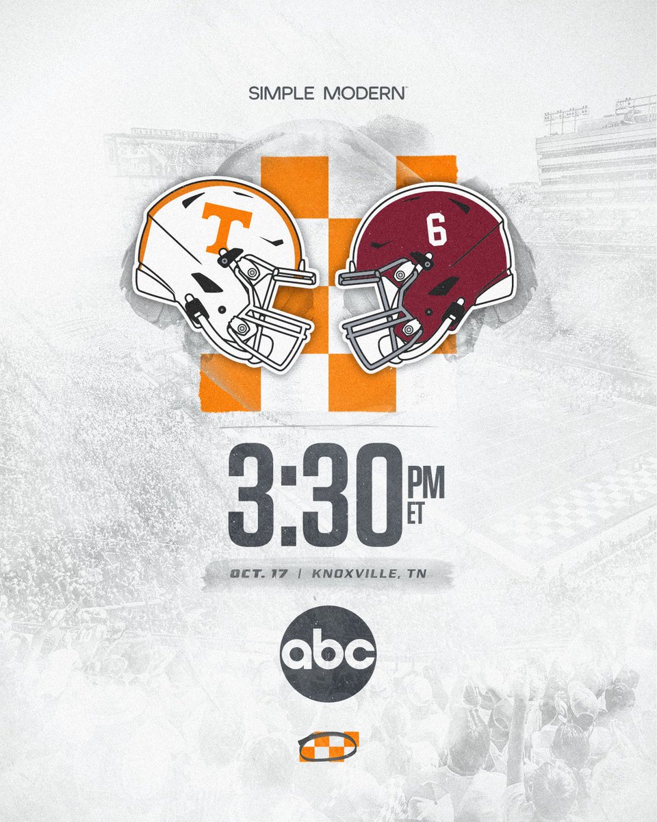 Vol_Football's tweet photo. broadcast info update

vs Alabama
🗓️ October 17
⌚ 3:30pm ET
📺 ABC
🏟️ Neyland Stadium https://t.co/0dViRDrvpZ