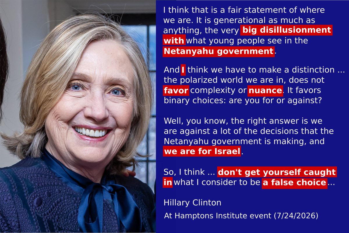 endthecartel26's tweet photo. For Hillary Clinton and the Dem establishment, genocide is nuanced. Israel is fixable. And Netanyahu is the only problem. She doesn’t mention the genocide in Gaza, the West Bank, and Lebanon. When asked, “Should the Democrats rethink the party's embrace of Israel?” Hillary answers…