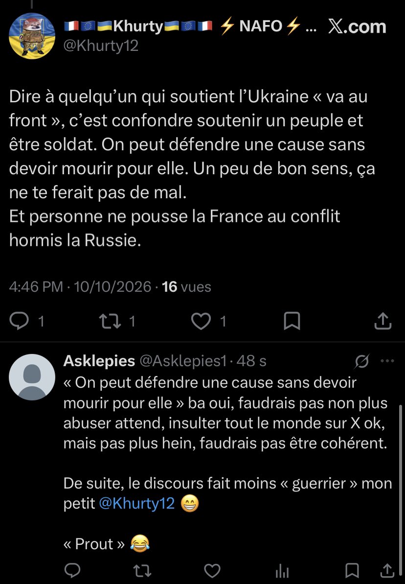 Asklepies1's tweet photo. @Khurty12 @Para_Ops12on @jaeger_program @etoiledangel @blondiiedana @O_Lecourt @asklepies @wolfunitfr Tu disais ? 😂

Ah le petit guerrier ! 🤡 https://t.co/i5iK99M6nd