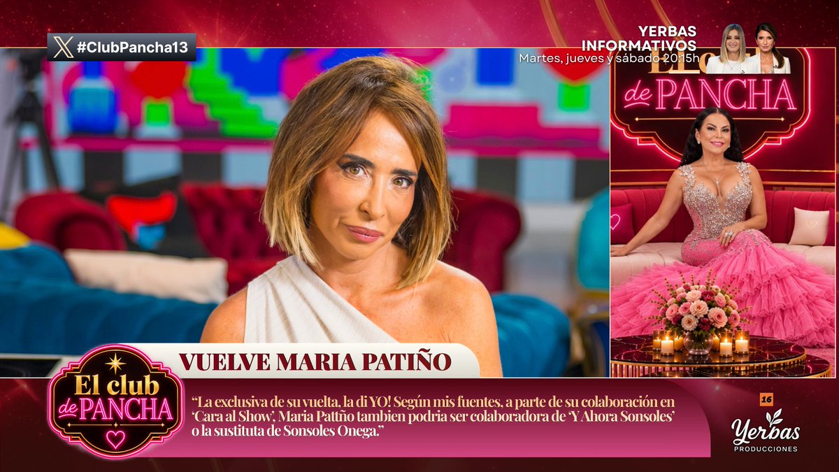 ElClubdePancha's tweet photo. 🤩 Vuelve @maria_patino !

🗣️ @PanchaReSabrosa: “La exclusiva de su vuelta, la di YO! Según mis fuentes, a parte de su colaboración en #CaraAlShow, Maria Patiño tambien podria ser colaboradora de #YAhoraSonsoles o la sustituta de Sonsoles Ónega.”

💋#ClubPancha13 https://t.co/QnJMGdbsxY