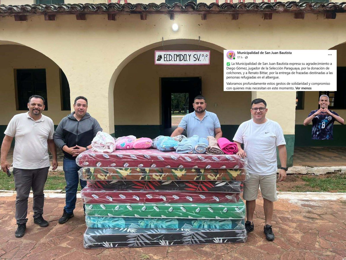 pechochofc's tweet photo. ¡Un golazo, Dieguito!

Diego Gómez tuvo un gesto solidario y muy humano donando colchones para los damnificados que tuvieron que instalarse en albergues por culpa del temporal que azotó San Juan Bautista, Misiones.

Por su parte, Renato Bittar también donó frazadas 👏🙏🇵🇾 https://t.co/dSmFKu6KTp