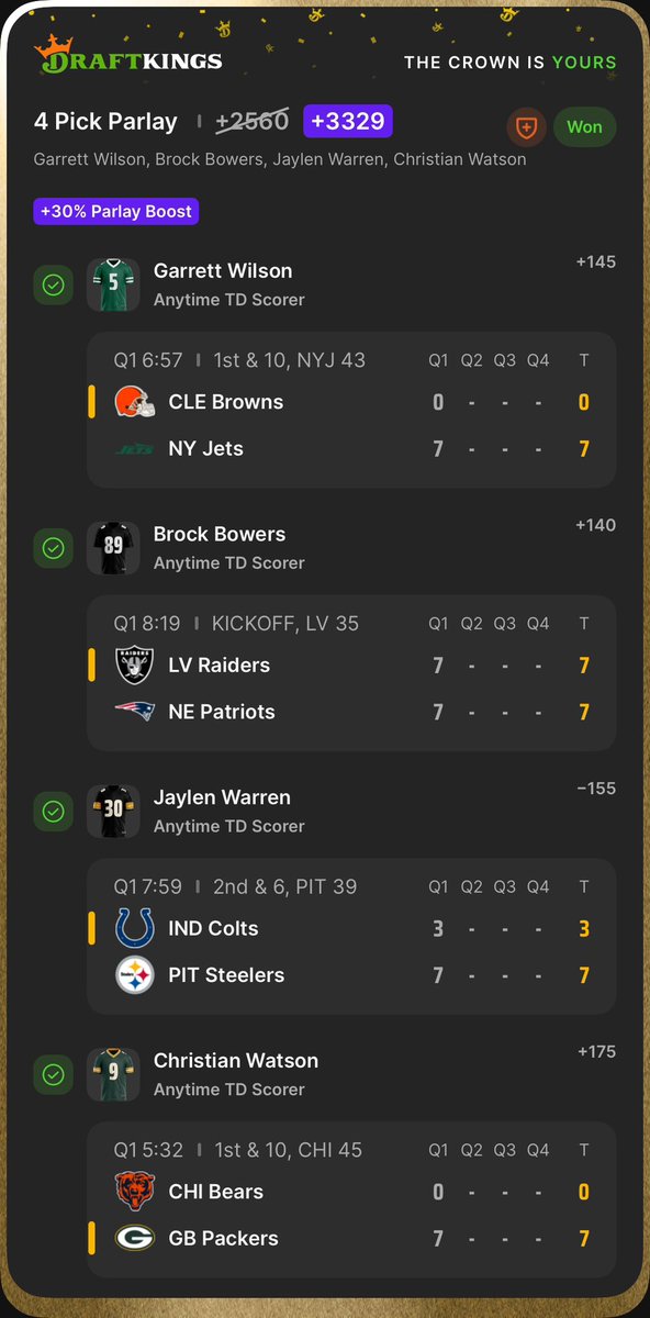 Quatheartisttt's tweet photo. OMGGG BANGG BEFORE 1:30PM 🤩

JAKE THE MF GOAT🐐@jakevenomapp 
Got these TDs from his Lab Work!🧪

-Garrett Wilson TD ✅
-Brock Bowers TD ✅
-Jaylen Warren TD ✅
-Christian Watson TD ✅

Sunday starting off Pretty Damn GOOD! https://t.co/sMNLsDuZ9c