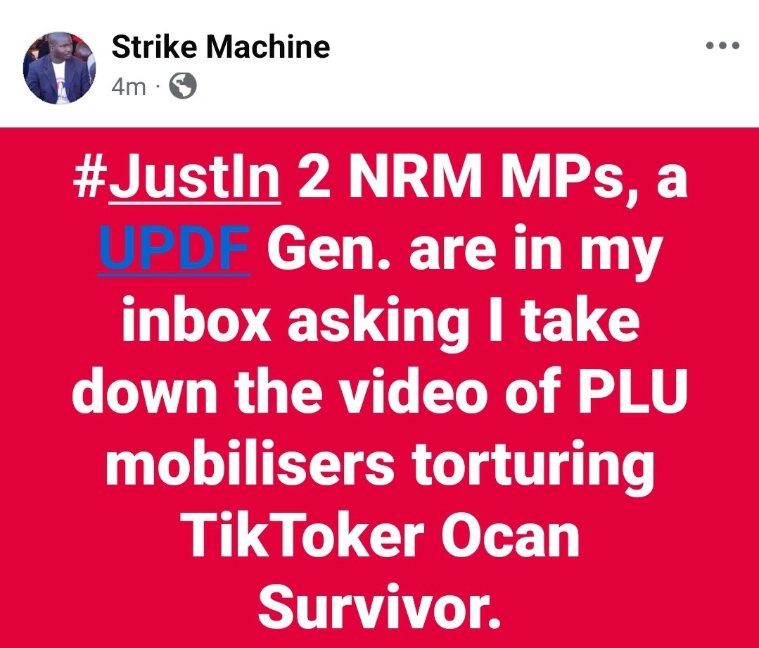 strikemachine95's tweet photo. #JustIn The @NRMOnline PLU leaning MPs and the @MODVA_UPDF General in my inbox.  Please instead of texting &amp; calling me to take down the torture videos of TikToker Ocan Survivor that happened today in Gulu City at De Covenant Hotel, arrest the culprits &amp; bring them to books. https://t.co/92y0ne9Ryy