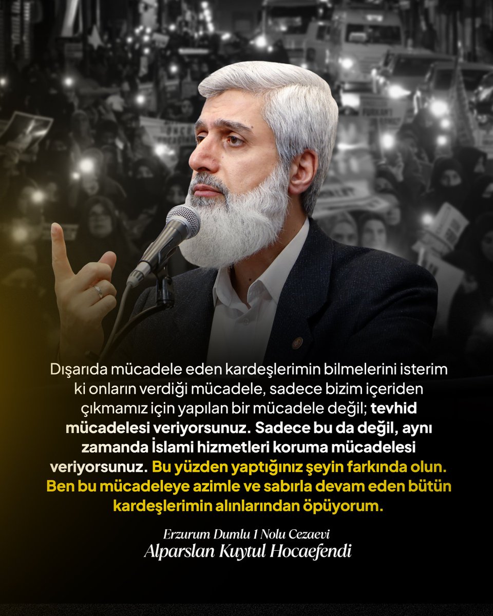 hocamizindee's tweet photo. Mücadeleye azimle ve sabırla devam eden bütün kardeşlerimin alınlarından öpüyorum.

Erzurum Dumlu 1 Nolu Kuyu Tipi Cezaevi
Alparslan Kuytul Hocaefendi

#OzgürlükYürüyüşleri
Mücadelemiz AllahIçin
ZulmeKarşı Meydanlardayız https://t.co/wRC48iPjwD